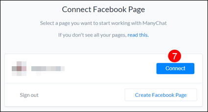 Select facebook page with manychat